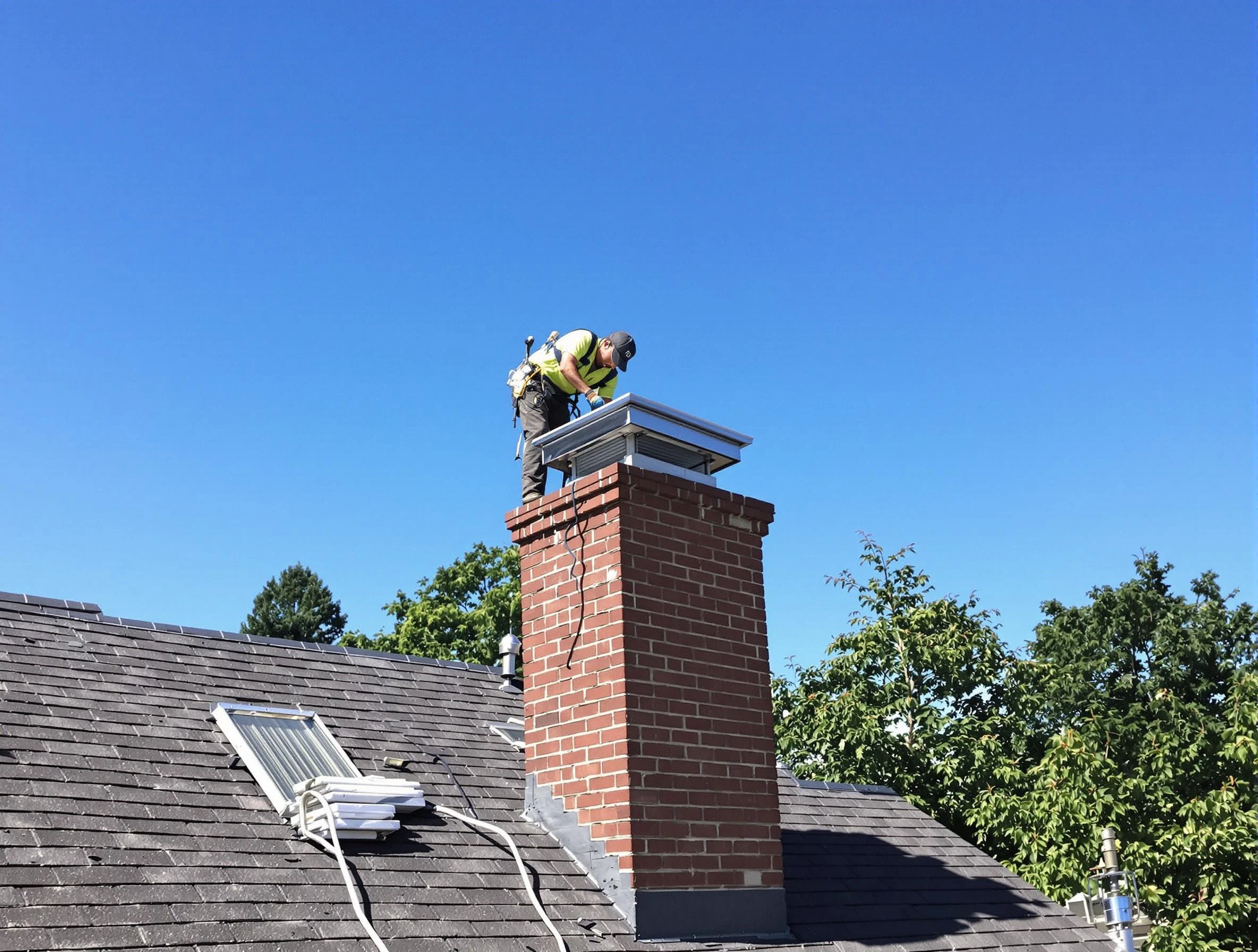 Lochbuie Chimney Sweep technician measuring a chimney cap in Lochbuie, CO