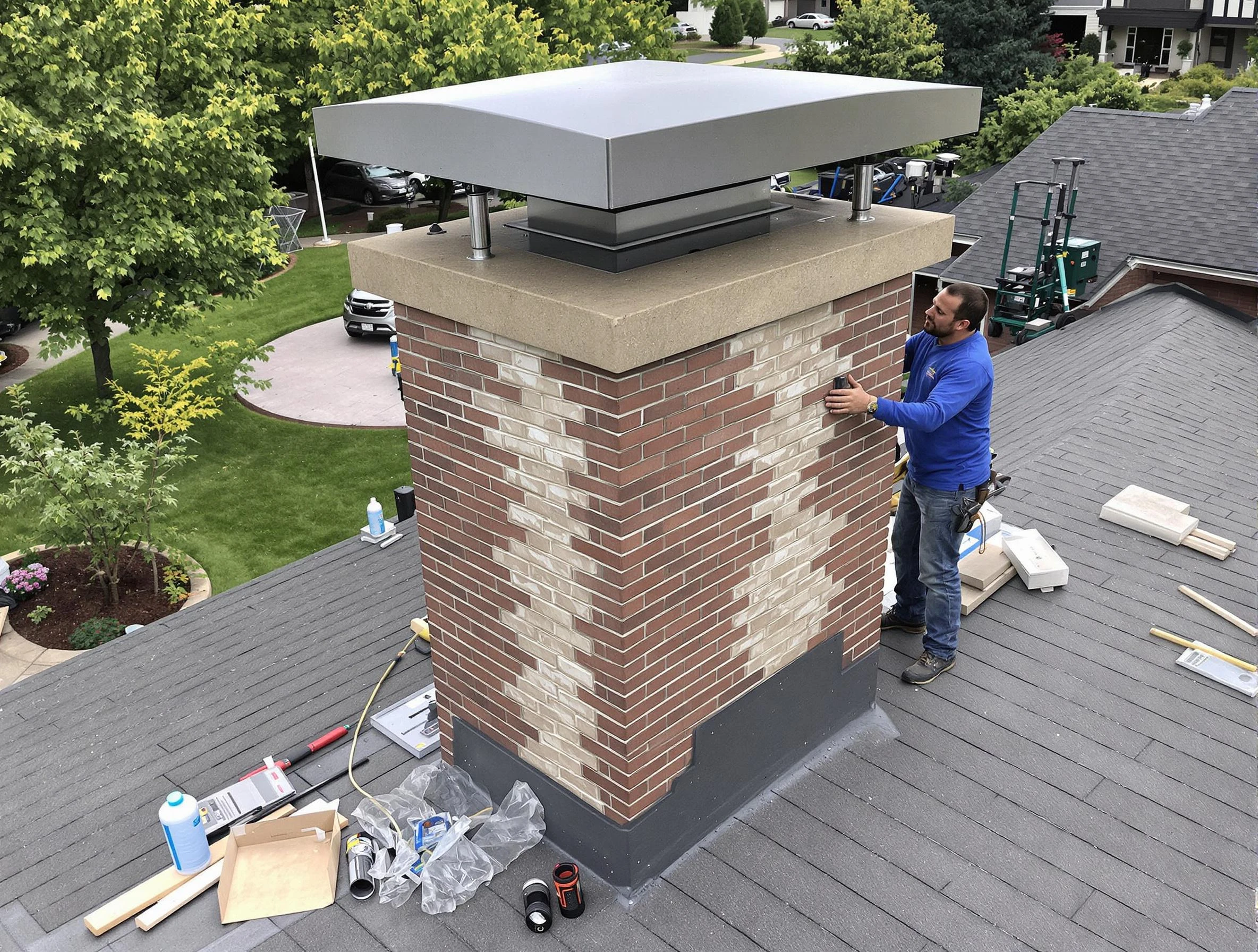 Lochbuie Chimney Sweep team working on a custom chimney remodel in Lochbuie, CO